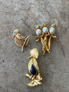 Gold Tone Bird Brooches Set with Pearl and Enamel Accents - Gold